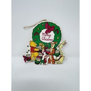 Vintage Disney Winnie the Pooh & Friends Wooden Wreath Merry Christmas Ornament